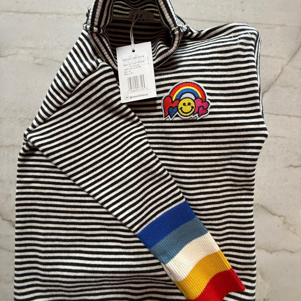 Lola + The Boys Striped Sweater with Rainbow Patch